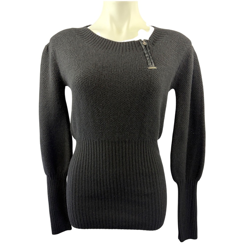 Diesel Black Wool Angora Blend Puff Sleeve Ribbed Sweater Zipper Detail Medium